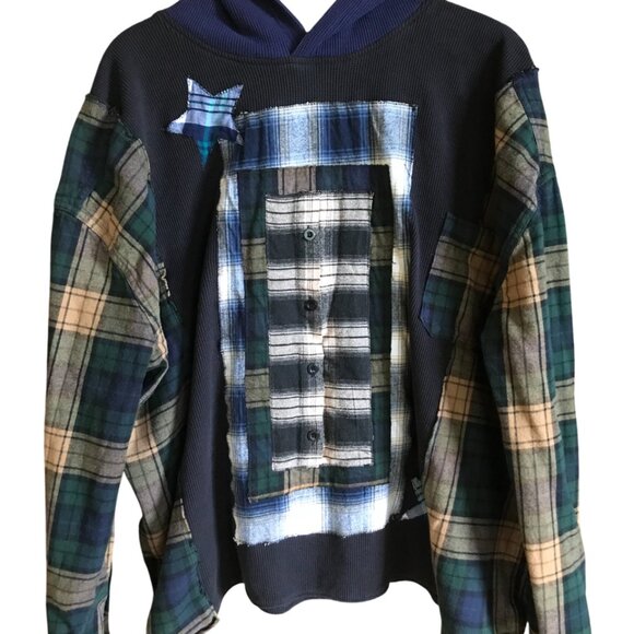 Upcycled Waffle Knit Hoodie: Plus Size XL-2X, Plaid Patches & Appliquéd Stars - Picture 6 of 13